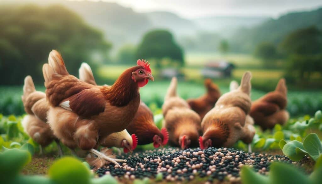 Hens with a mix of reddish-brown and beige plumage foraging in a grassy area, pecking at scattered Black-Eyed Peas.