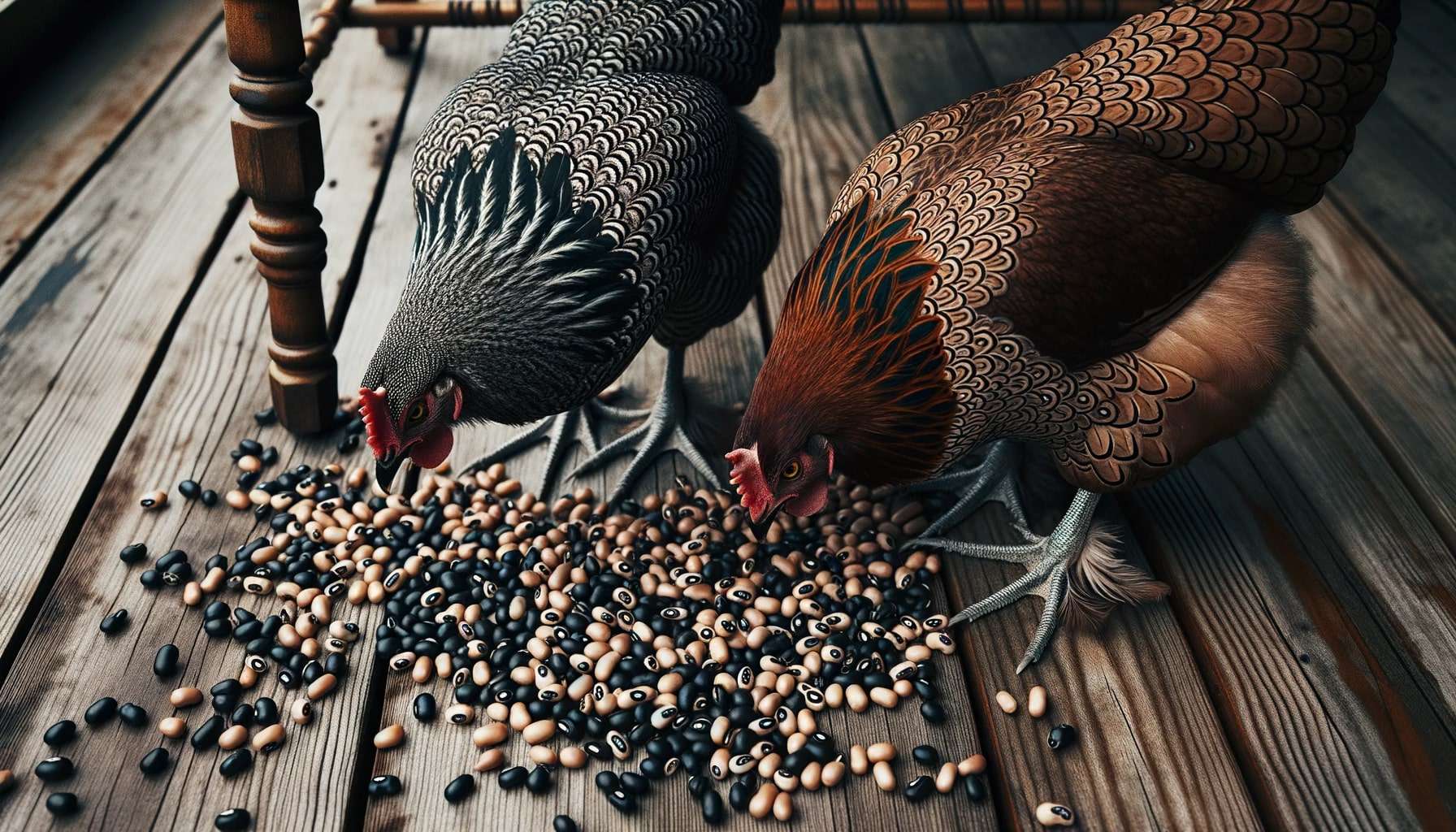 two dark-feathered hens on a wooden deck pecking at Black-Eyed Peas.