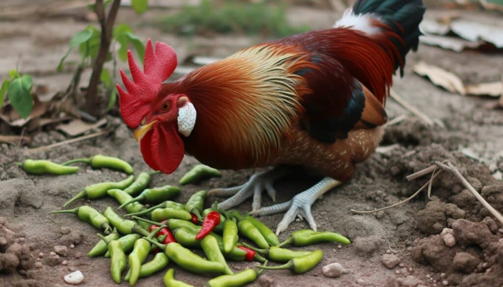 a rooster chicken pecking at banana peppers 