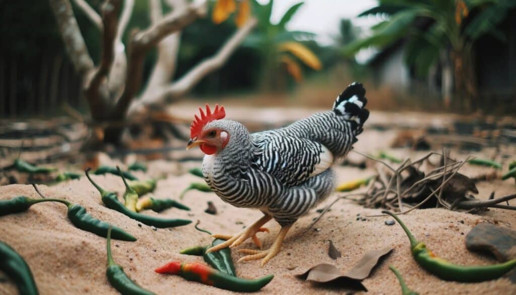 chicken with distinctive black and white striped plumage, standing on sandy ground surrounded by sparse vegetation