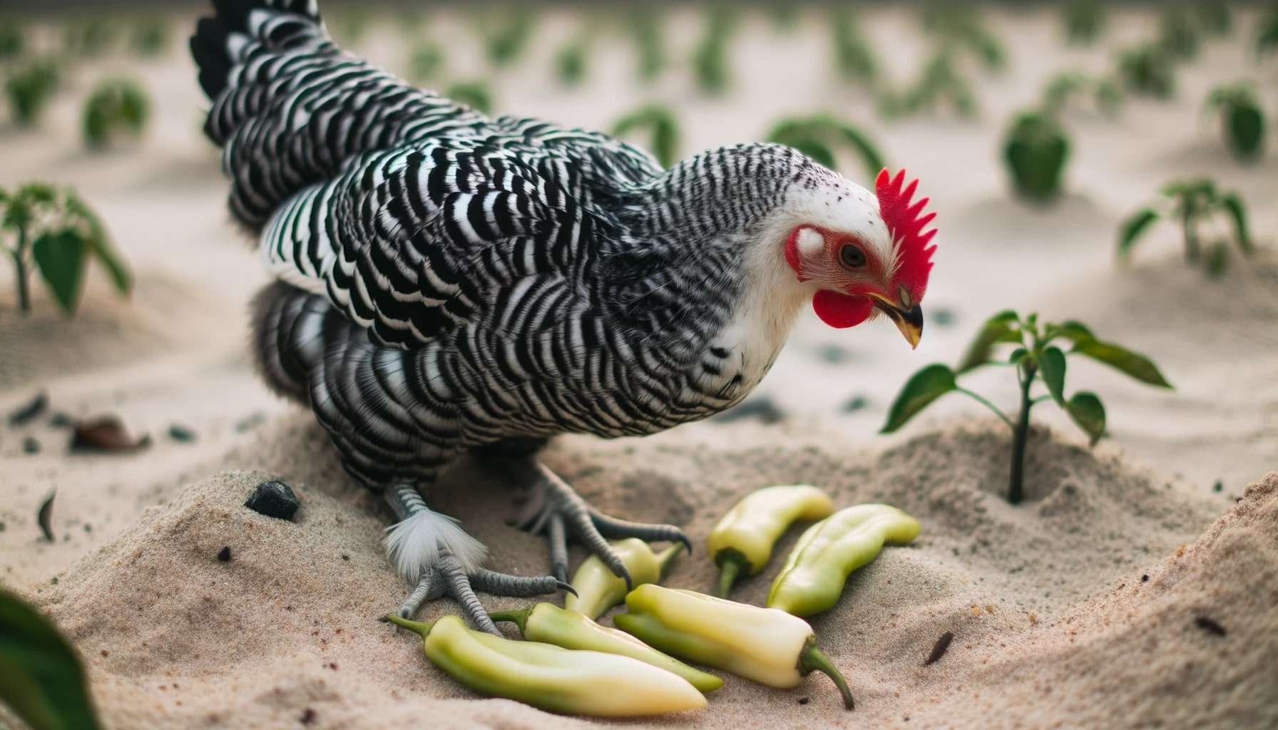 a chicken on dirt ground pecking at a cluster of banana peppers lying in front of it.