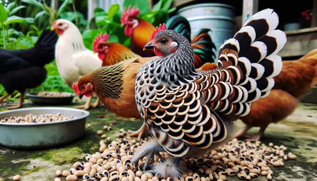 Varied chickens pecking at black eyed peas in a lush yard.
