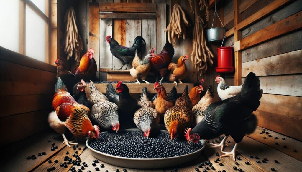 Colorful hens and roosters gathered inside rustic coop pecking at black eyed peas