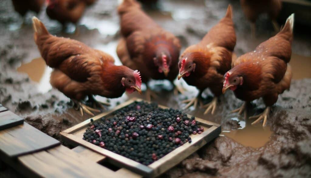 a group of chickens pecking at black peppers
