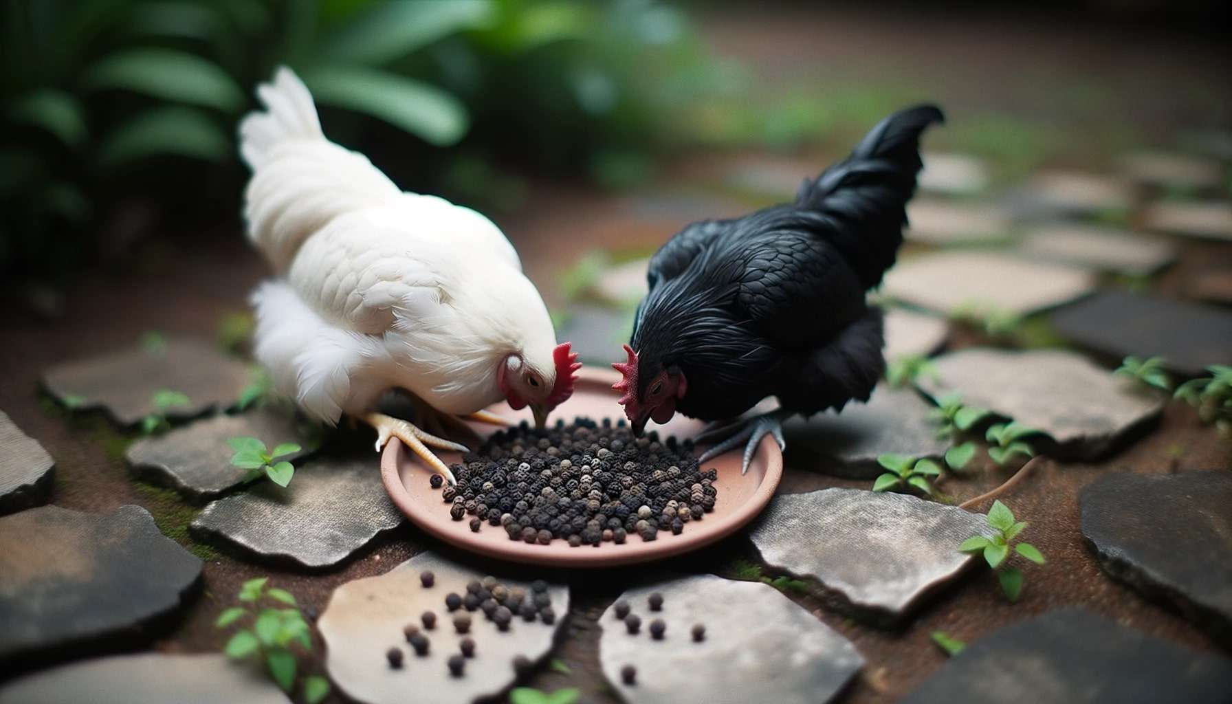 White and black chickens peck at black peppers on plate; stone path surrounded by greenery.