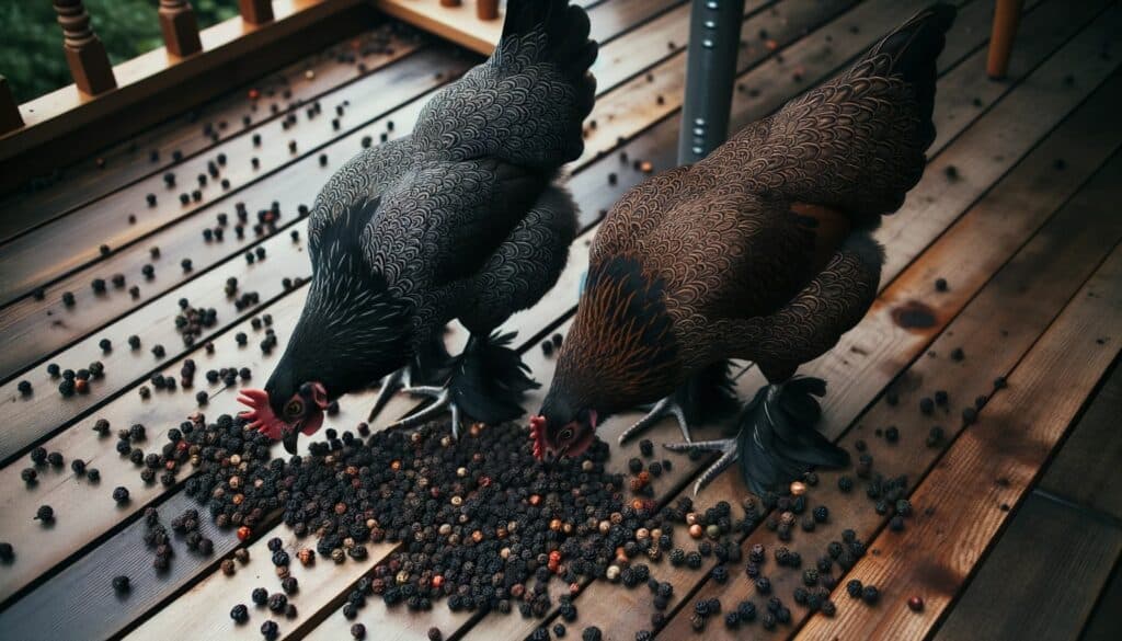 Patterned chickens pecking at black peppers on wooden deck.