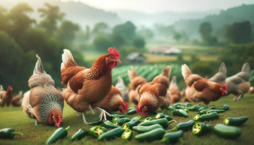 Chickens eating fresh jalapeños peppers in a scenic countryside
