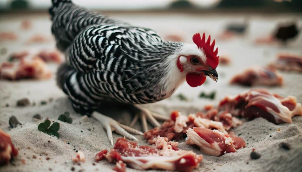 Striped chicken pecks meat on sandy ground with vibrant red comb in focus.
