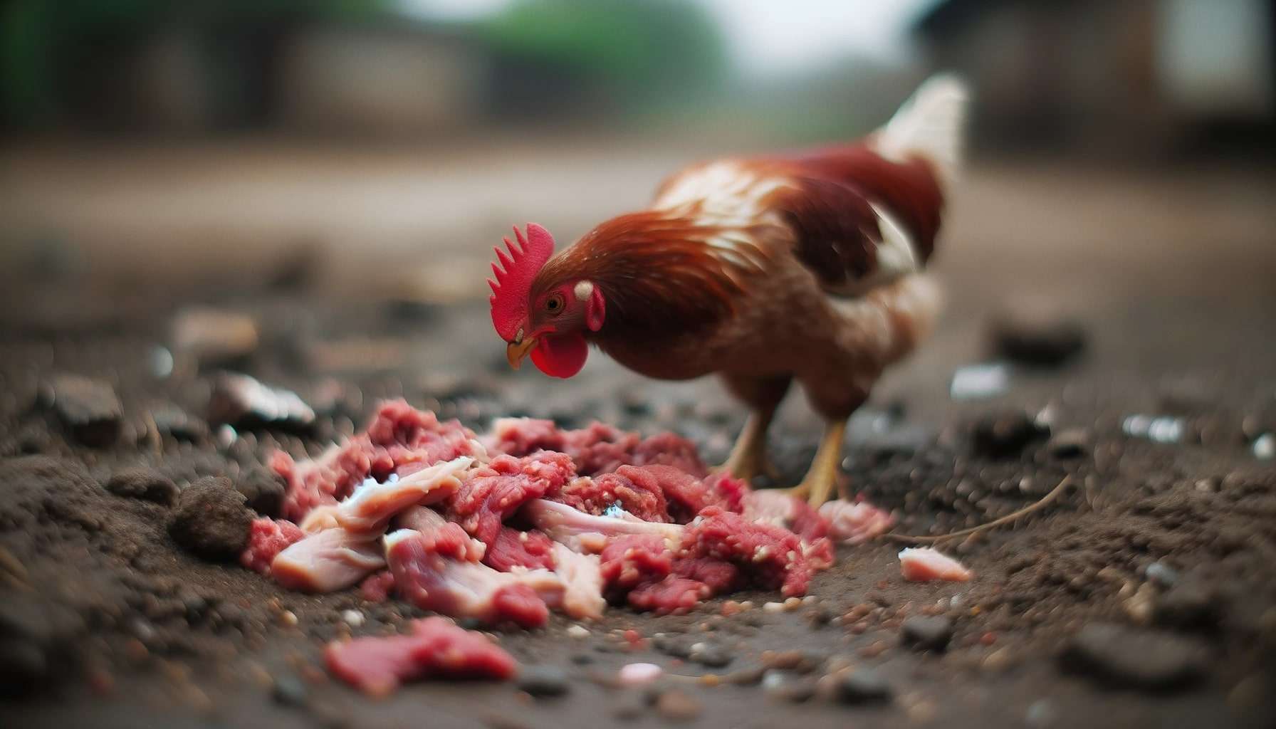 Red-brown chicken eats meat on muddy ground; bright comb and eye in focus.