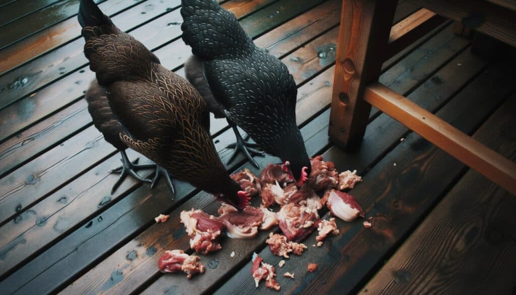  two dark-feathered hens on a wooden deck that are pecking on meat scraps