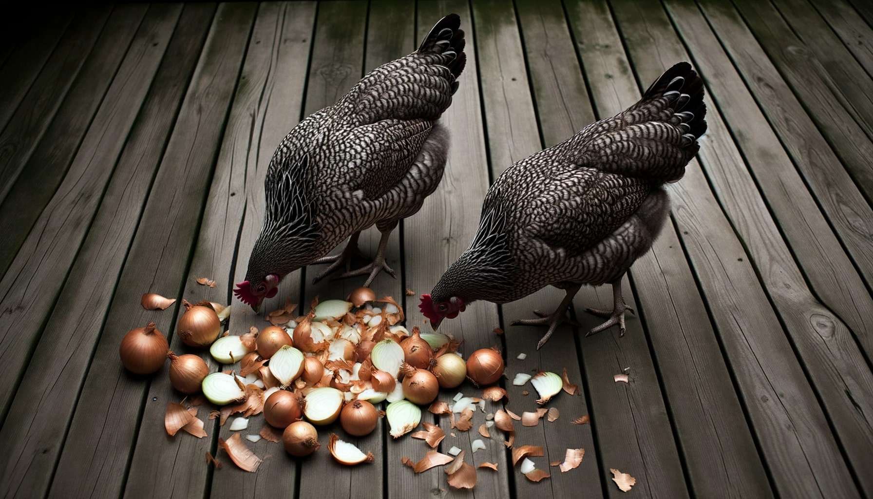 two dark-feathered on a wooden deck pecking on onions scraps