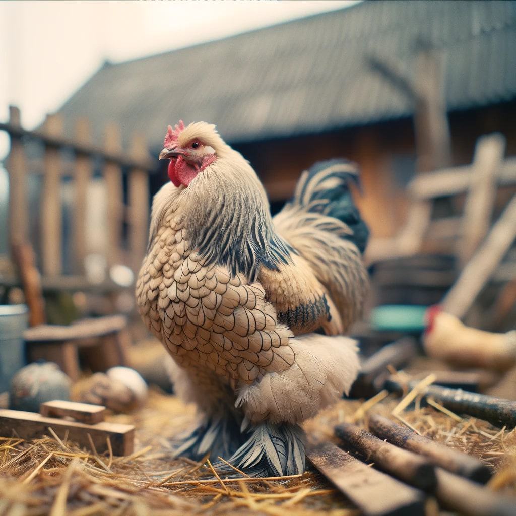 A Brahma chicken with feathered feet stands amid farm tools