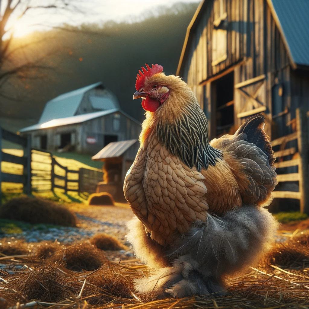 Golden hour illuminates a fluffy Brahma chicken on the farm
