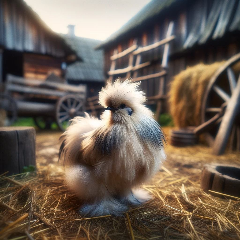  Silkie chicken in a rustic barnyard
