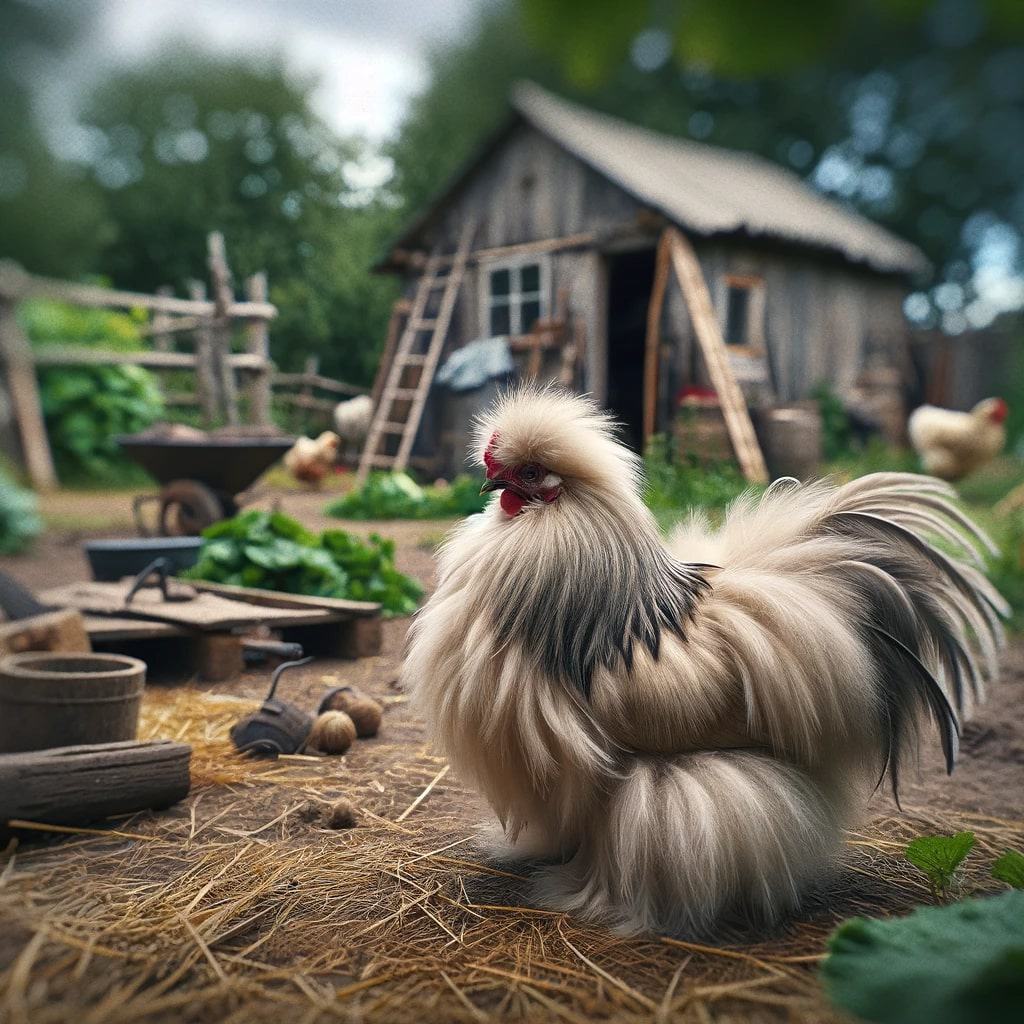  Silkie chicken in an outdoor farmyard setting