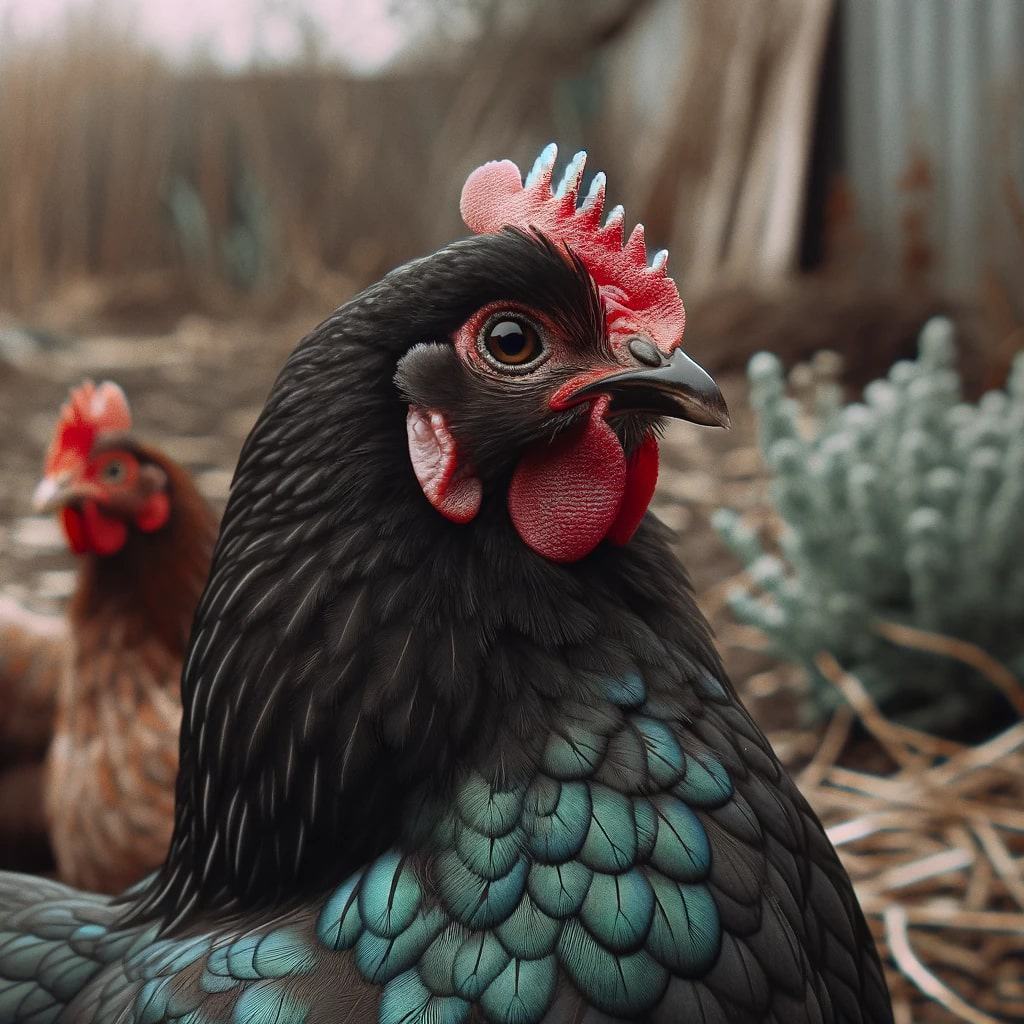 two chickens outdoors, with the prominent black hen in the foreground.
