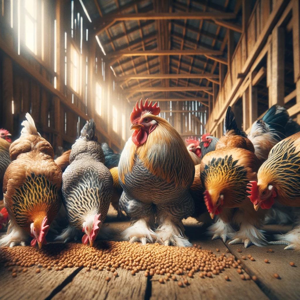 Brahma chickens inside a rustic wooden barn, showcasing their unique features