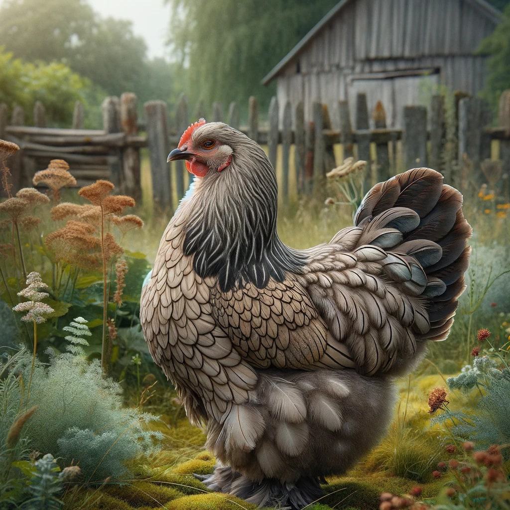 A Brahma chicken with grey and white feathers in a lush garden.