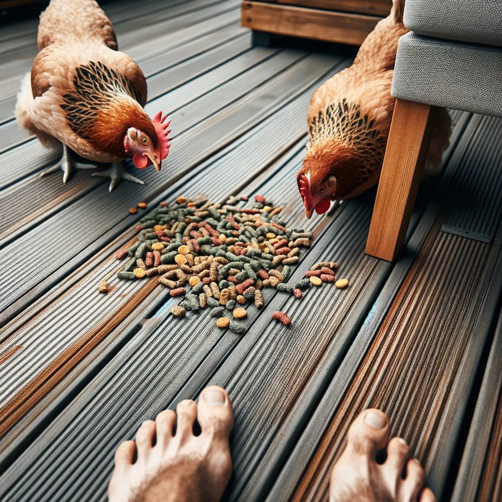 two Brahma chicken hens on a wooden deck, focusing on food scattered on the deck