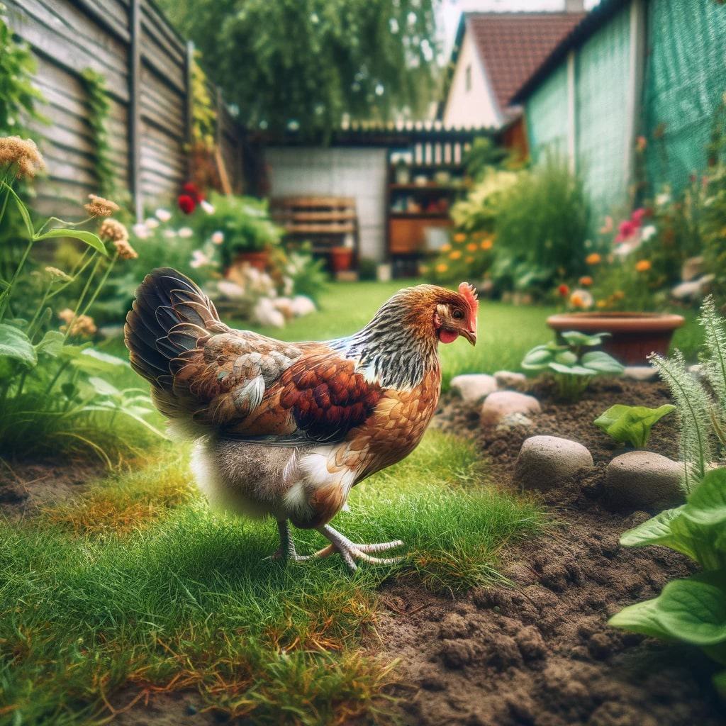 a single chicken in a backyard setting