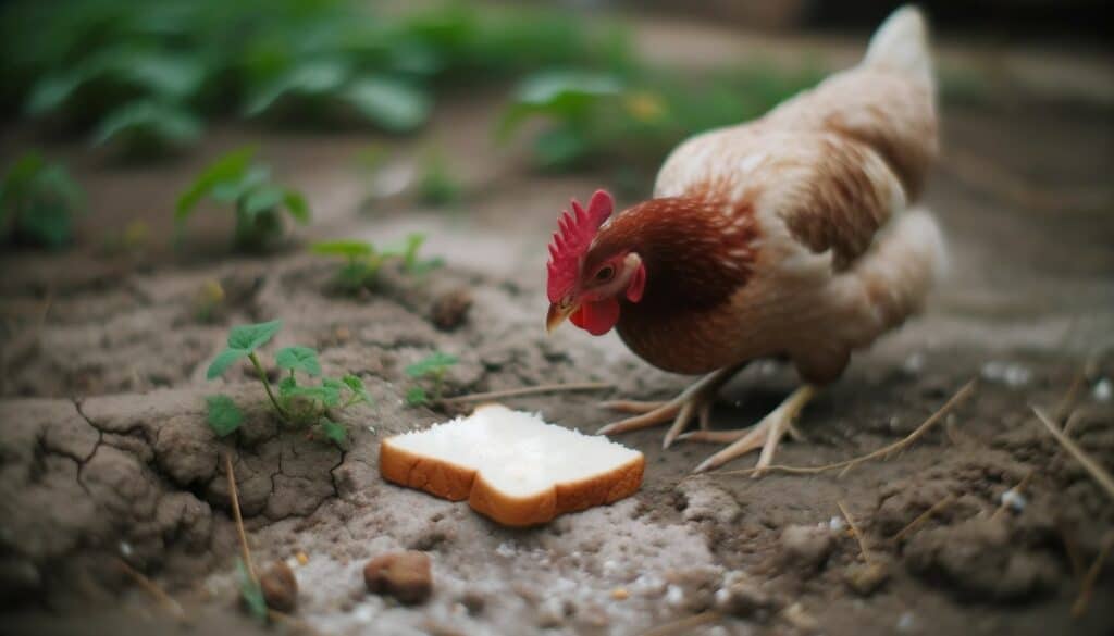 a rooster on a dirt ground seems to be pecking white bread.